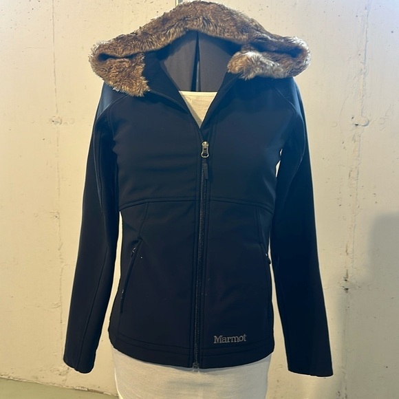 Marmot black tan brown faux furlong hoodie jacket w zipper front and pockets - Picture 1 of 12